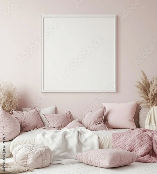 Obraz Pink room interior with comfy pillows, blankets, and a large blank frame.