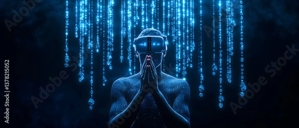 Obraz abstract, futuristic man praying concept; technology, virtual reality goggles & faith connected on abstact vision; new tech, digital background