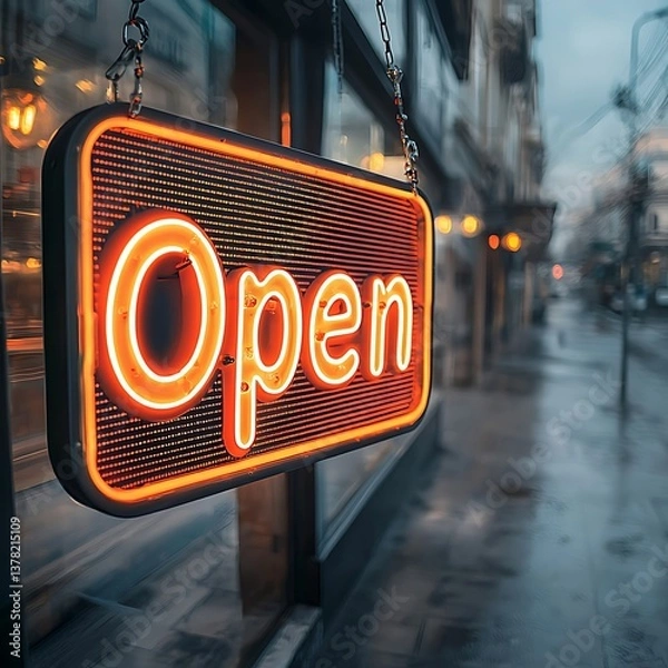 Obraz Vibrant led open sign displaying scrolling text at chic storefront in urban evening setting
