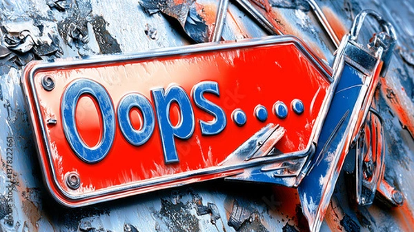 Obraz A vibrant, stylized red and blue metal sign reading "Oops..." is bolted to a textured, peeling, and rusted surface, suggesting error or accident with a playful tone.