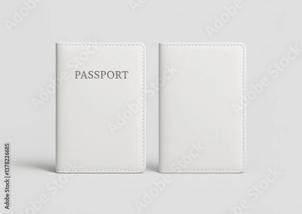 Fototapeta Two White Leather Passport Holders on a Soft Gray Background - Travel and Identification Mockup.