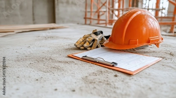Obraz An overhead shot captures the tools of the trade – a bright orange helmet, work gloves, and a clipboard with a blueprint – on the rough surface of a construction site.