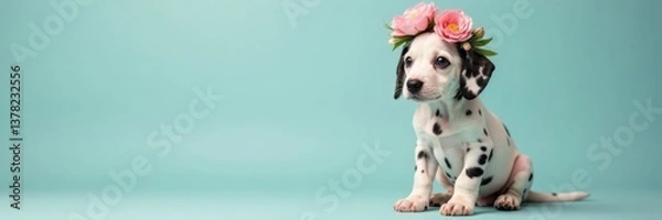 Fototapeta Innocent spotted Dalmatian puppy wearing flower crown and sitting, white background, purity