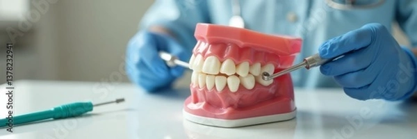 Fototapeta Model of jaw with dental tools on white table, Medical tool, Anatomy study