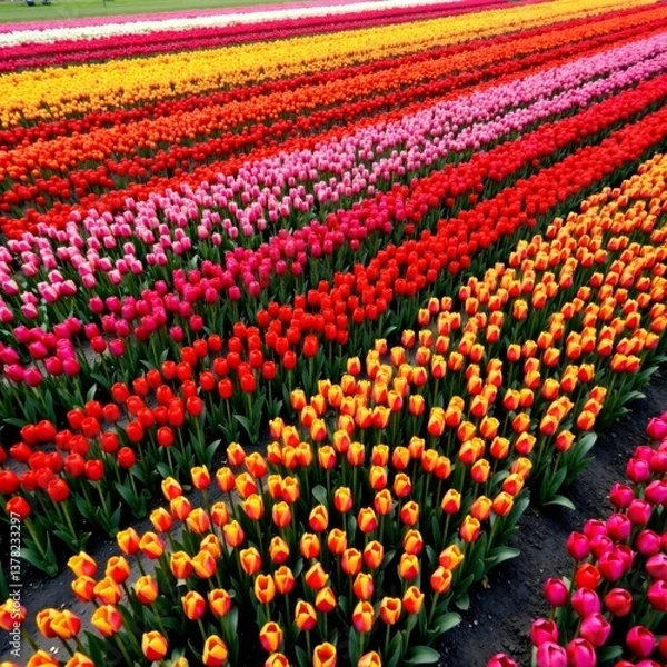 Fototapeta Panoramic drone view of vibrant tulip fields in spring, drone shot, colorful tulips
