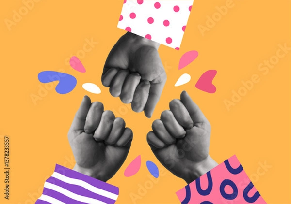 Fototapeta Friendship fist bump hands in retro collage vector illustration