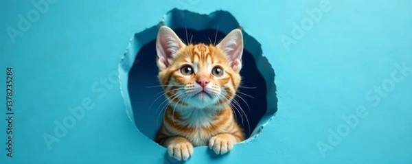 Fototapeta Whiskers poking out of hole in blue background, hole, colored background