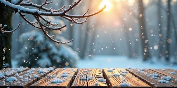 Fototapeta Wooden table top with snowflakes gently falling amidst bare branches of a winter tree, snowy, festive