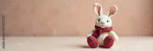 Fototapeta Adorable handmade rabbit in plaid with booties on soft background, rabbit, handmade