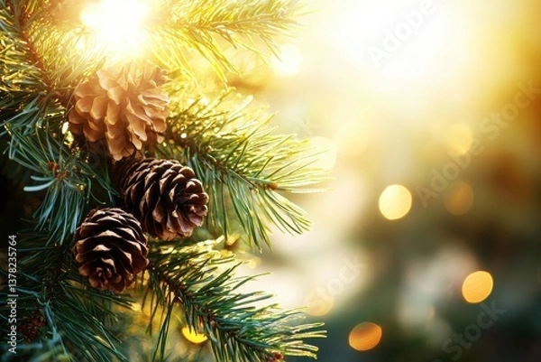 Fototapeta Pine Tree with Cones A close-up of a pine tree branch bearing cones, with seeds visible.