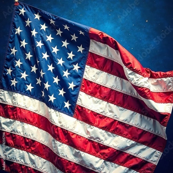 Fototapeta American flag with intricate details against a dark blue background, banner, american