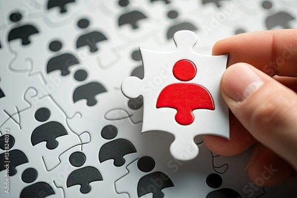 Fototapeta Finding the right person for the job.  A puzzle piece with a person icon fits into a larger puzzle of diverse people icons