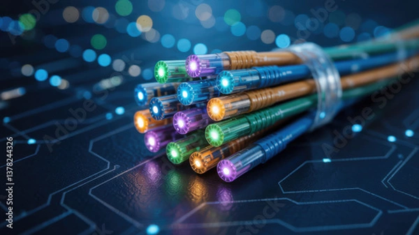 Obraz Close-up of glowing fiber optic cables for high-speed internet and data communication. Modern technology and network concept