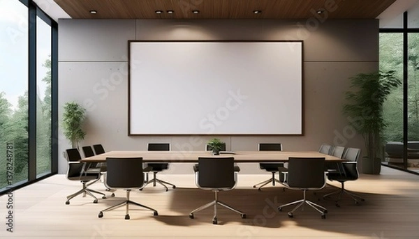 Fototapeta modern boardroom interior with large blank canvas for signage or presentation display on wall natural light through windows 3d rendering