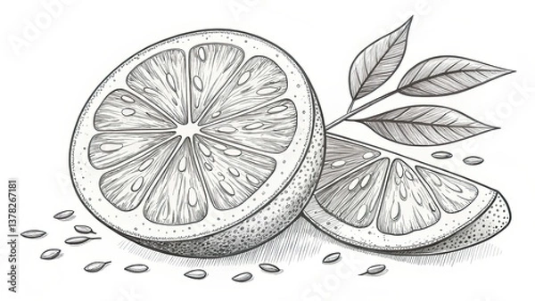 Fototapeta Lemon slices with leaves illustrated in a detailed style  