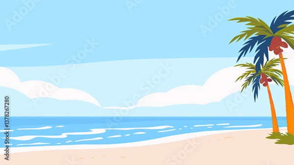 Fototapeta Tropical beach scene with palm trees and clear blue ocean  