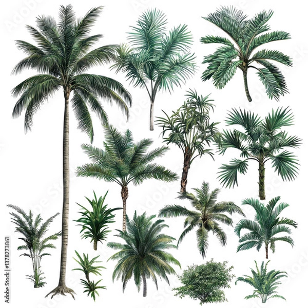 Fototapeta Collection of isolated palm trees and tropical plants on a bright Transparent background creating a vibrant natural display, Isolated image green plant leaves on PNG background