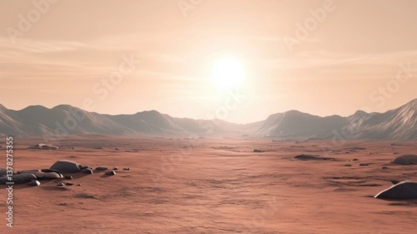 Fototapeta Martian desert terrain with sun over rocky red surface and distant mountains