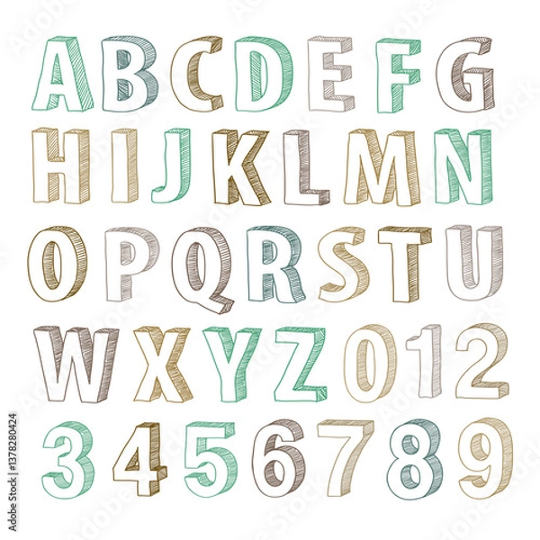 Fototapeta Alphabet and numbers in a 3D hand-drawn style with sketch-like line