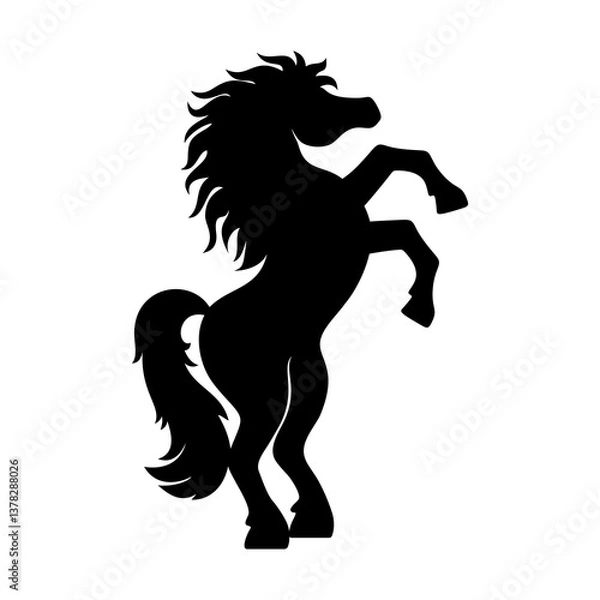 Fototapeta Horse silhouette. Black isolated object on white background. Wild beautiful steed with developing mane and tail stands on two hind legs, raising hooves up. Template for laser cut. Vector illustration