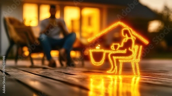 Fototapeta Warm glow highlights a person having coffee on the deck while another sits in the background