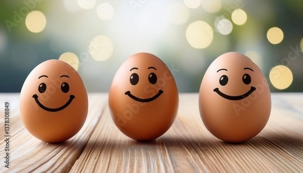 Obraz three eggs with smiling faces are arranged on a table