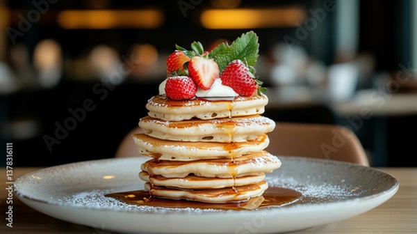 Fototapeta A stack of golden pancakes topped with syrup, butter, and fresh strawberries.