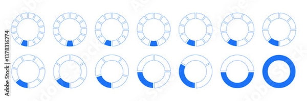 Fototapeta Circles divided diagram 1, 2, 3, 10, 7, 8, 9, 10, 11, 12, 13, 14 equal parts. Graph icon. Pie, pizza shape section charts. Coaching blank blue mockups. Set of segments wheel round divide infographic. 