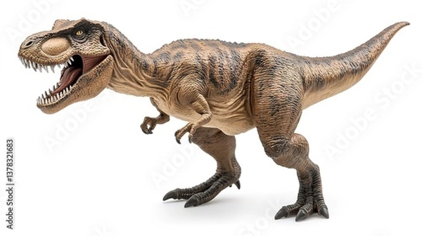 Fototapeta A fearsome Tyrannosaurus Rex, a prehistoric predator captured in a powerful pose, showcasing intricate details and realistic texture against a stark white background.