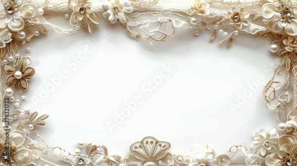 Fototapeta rectangular frame wedding border with elegant peral and lace wedding border