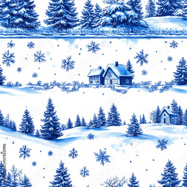 Fototapeta Blue Ink Winter Village Seamless Pattern with Snowy Landscape and Pine Trees