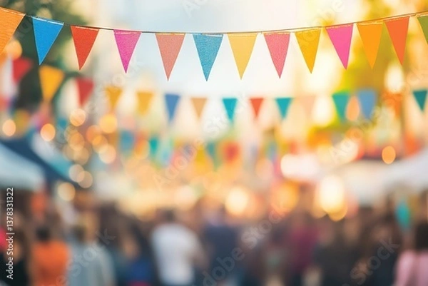 Fototapeta Colorful triangular bunting hangs over blurred crowds at outdoor event. Great background for summer festivals, fairs, and celebrations.