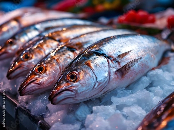 Fototapeta Fresh Fish Display on Ice at a Market  