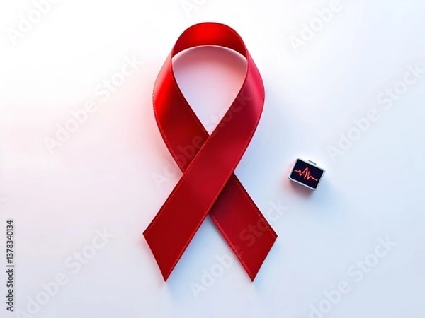 Fototapeta Red Ribbon with Heartbeat Line Symbolizing Health Awareness and Support