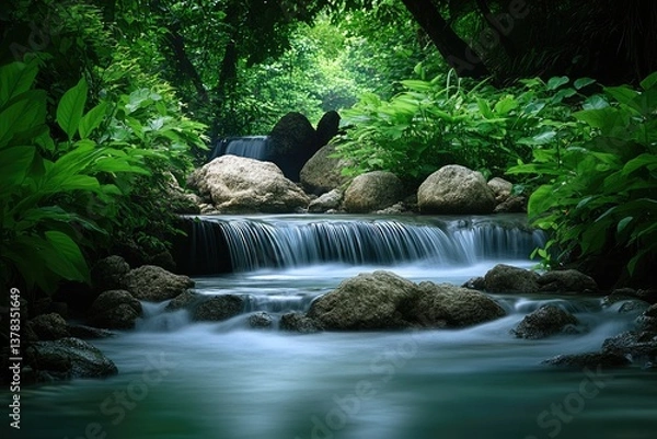 Fototapeta Tranquil waterfall cascading through a lush jungle.  Peaceful stream flowing over smooth rocks amidst dense foliage