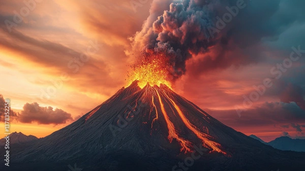 Fototapeta Majestic volcano erupting with lava and ash, creating dramatic sunset scene filled with vibrant colors and powerful energy
