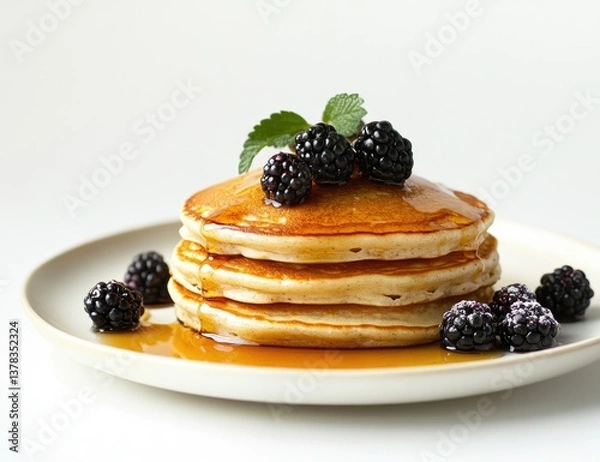Fototapeta Stack of pancakes topped with blackberries and syrup (3)