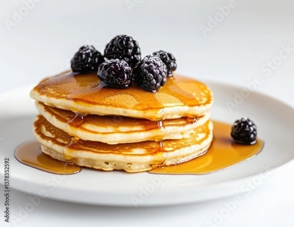 Fototapeta Stack of pancakes topped with blackberries and syrup (4)