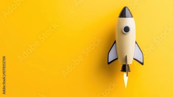 Fototapeta Colorful toy space shuttle launching against bright yellow background creative product photography minimalist style