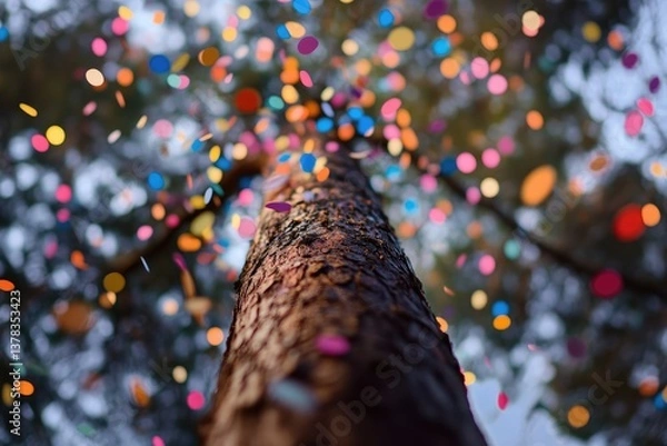Fototapeta Colorful confetti falling around a tree trunk.  A joyful, celebratory scene