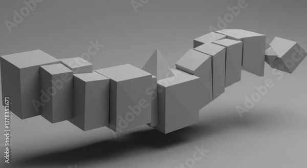 Fototapeta Abstract 3D Rendering of Interlocking Gray Cubes and Pyramid: A Modern Geometric Composition