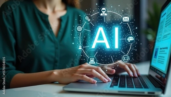 Obraz a person typing on a laptop while digital graphics related to artificial intelligence (AI) float above the keyboard. The glowing "AI" symbol, along with various futuristic icons such as a chatbot, a g