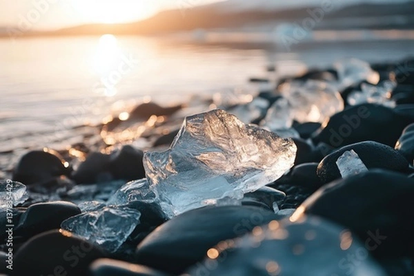 Fototapeta Frozen shards of ice on a dark rocky shore at sunrise