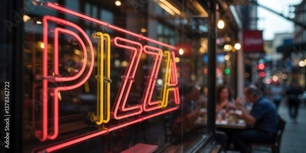 Obraz Bright neon pizza sign illuminates lively street eatery during evening gathering with diners enjoying meals