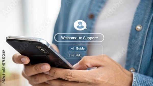 Fototapeta A person's hands using a mobile phone with a support application