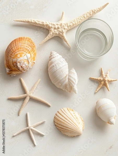 Fototapeta Coastal Seashells and Starfish Arrangement - A serene arrangement of seashells and starfish on a light beige background, with a glass of water adding a touch of tranquility