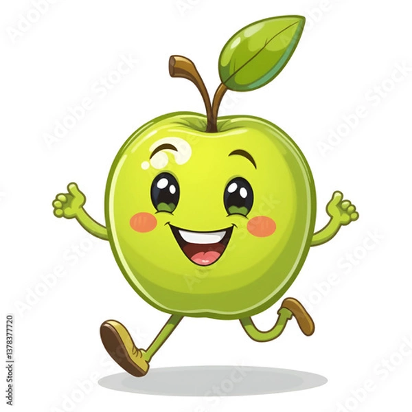 Obraz Funny green apple cartoon in vector style with a cute