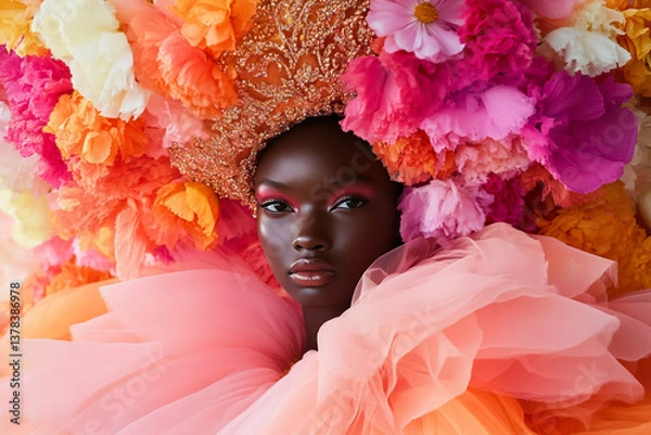 Obraz A portrait of a black woman wearing a huge, large, puffy, pink and orange dress.