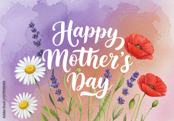 Obraz A white hand-lettered 'Happy Mother’s Day' graces a watercolor backdrop of wildflowers such as daisies, lavender, and poppies. The vibrant yet soft colors evoke a fresh and natural ambiance.