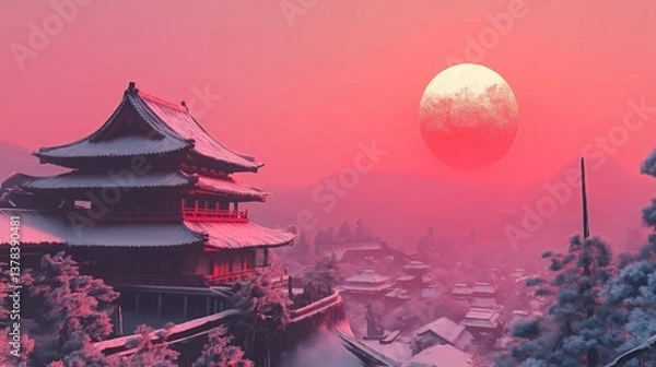 Obraz A snow-covered Japanese temple under a red sun during sunset